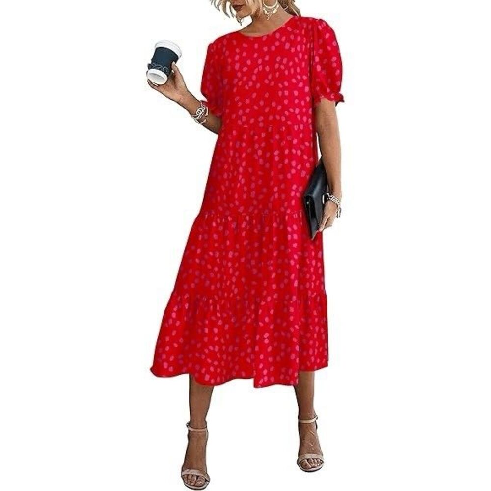 Pretty Garden Medium Fit And Flare Puff Sleeve Dress Red Pink Polkadot